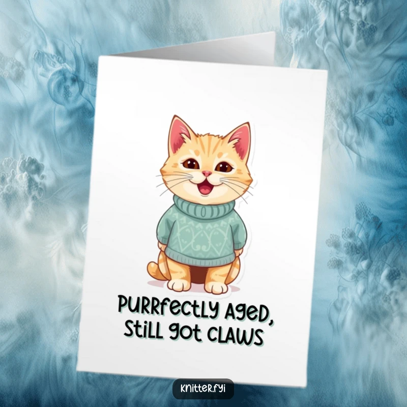 Adorable free printable birthday card: a delighted cat proudly sporting a tiny, handmade knitted sweater, ready for birthday treats.