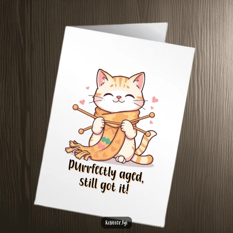 Funny Free Printable Birthday Card: Happy cat knitting a super long, colorful scarf with giant needles, spreading joy.