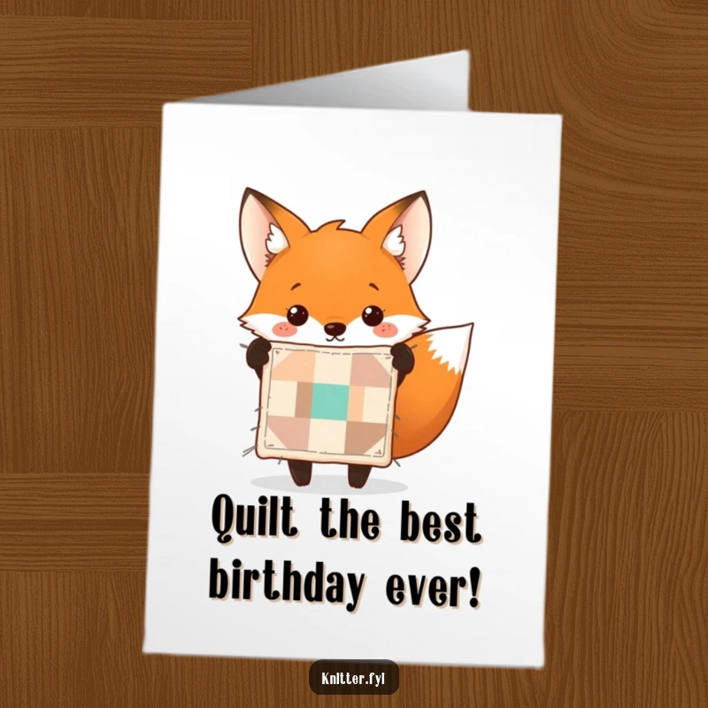 Funny Free Printable Birthday Card: Cheerful fox proudly displaying a perfectly stitched tiny quilt, celebrating warmly.