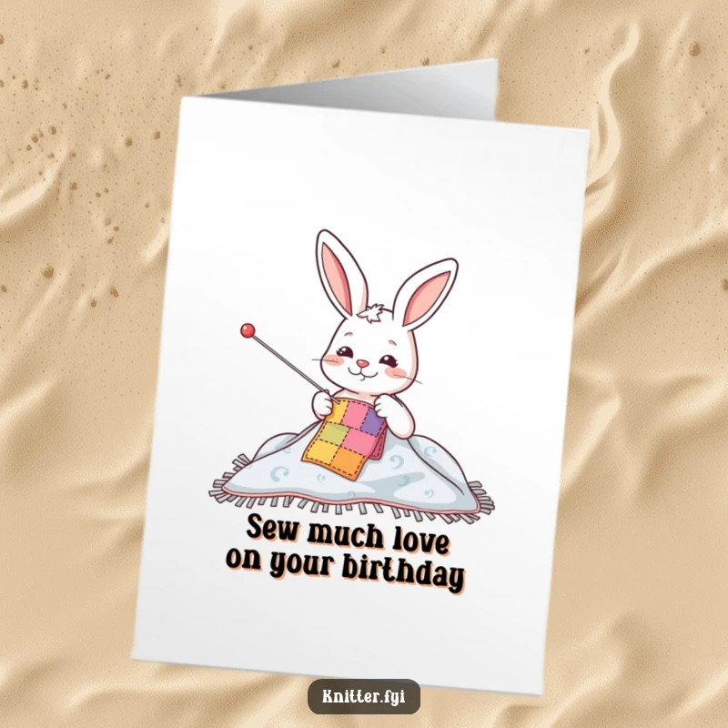 Funny Free Printable Birthday Card: Rabbit joyfully sews a colorful patch with a giant needle, celebrating a DIY gift.