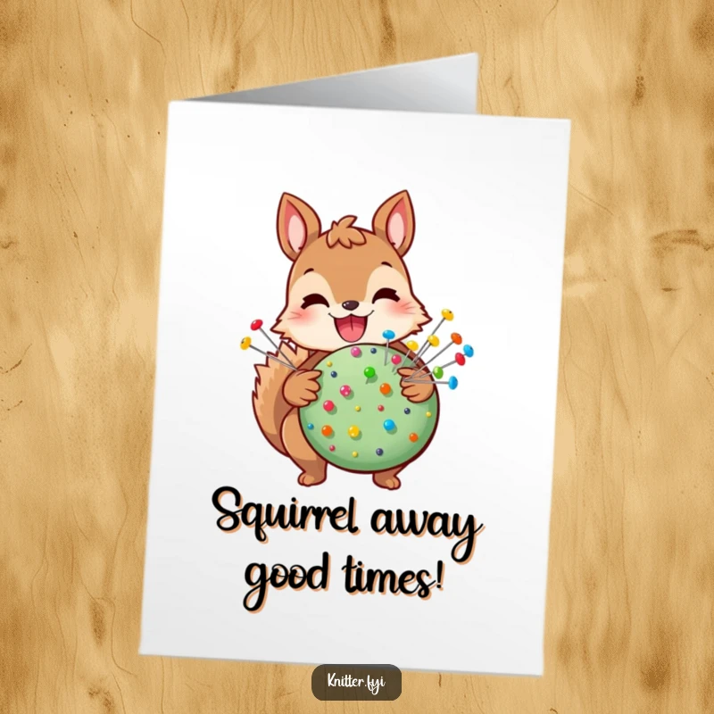 Funny Free Printable Squirrel Birthday Card: A joyful squirrel happily holds a pincushion bursting with colorful pins, symbolizing abundant birthday wishes.