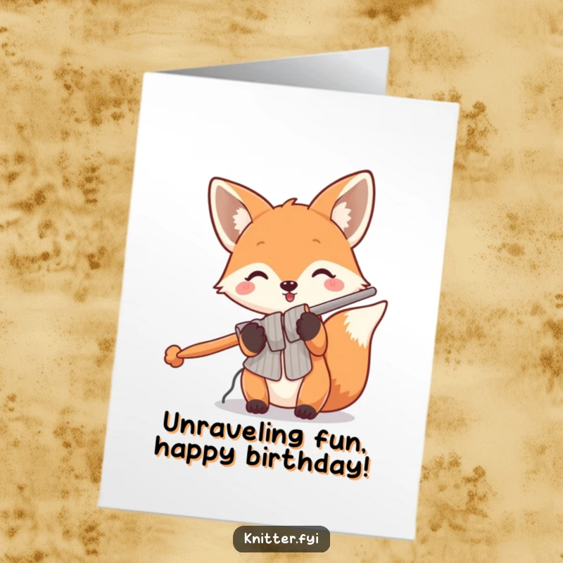 Funny Free Printable Birthday Card: Playful fox humorously holding enormous knitting needles, a DIY craft for laughs.