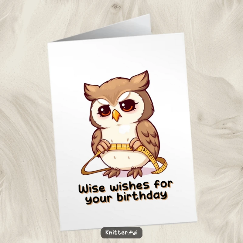 Funny Free Printable Birthday Card: Determined owl expertly measures fabric with a tiny shiny tape measure, DIY gift.