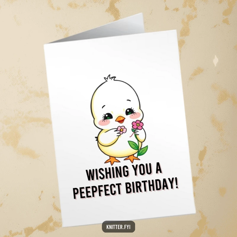 Funny Free Printable Birthday Card: Sweet chick embroidering a flower, perfect for a DIY gift.