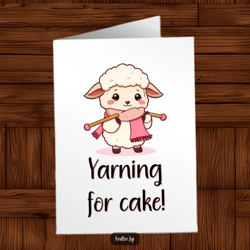 Funny Free Printable Birthday Card of a fluffy sheep with big needles, happily knitting a scarf, perfect for crafters.