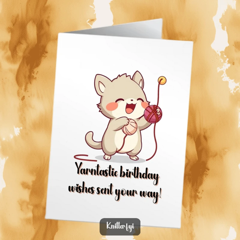 Funny Free Printable Birthday Card: Energetic creature batting yarn, a delightful mess for a happy day.