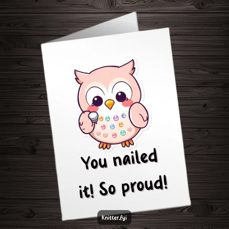Funny Free Printable Congrats Card with a happy Kawaii owl carefully placing a sequin, a precise downloadable greeting.