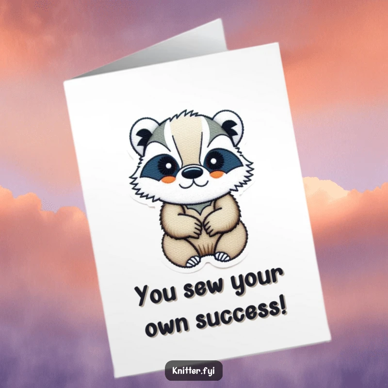 Funny Free Printable Badger Congratulations Card: A determined badger character is shown meticulously embroidering an intricate design, representing careful achievement.