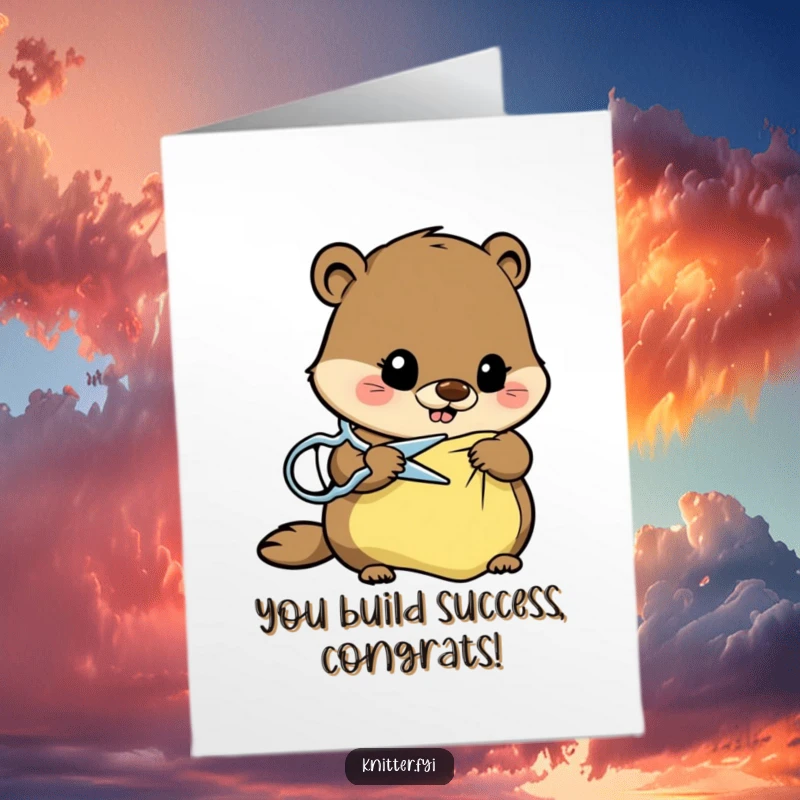 Funny Free Printable Beaver Congratulations Card: A beaver character uses sharp scissors to carefully cut a piece of fabric, representing precision in achievement.