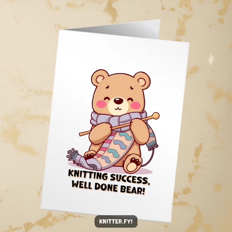 Funny Free Printable Congratulations Card: Bear humorously knits a vibrant scarf, a cozy DIY gift for any win.