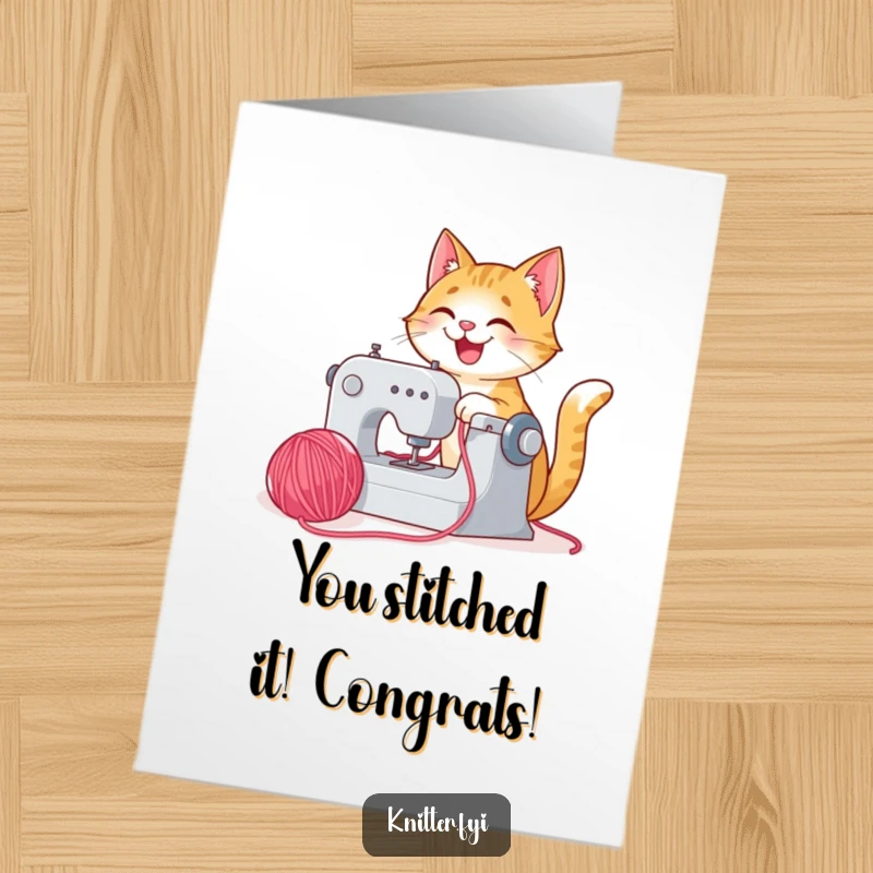 Funny Free Printable Congratulations Card showing a happy cat diligently sewing with a whirring machine and bright yarn, celebrating a successful outcome.