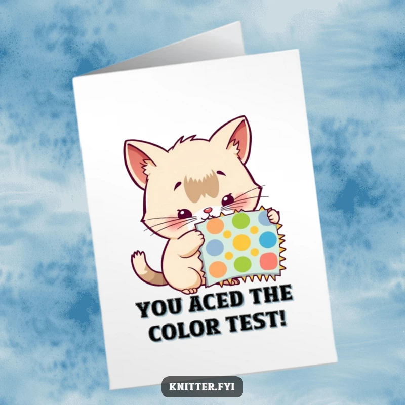 Free Printable Congratulations Card: Curious creature with twitching whiskers examines a colorful pattern swatch, celebrating a new discovery.