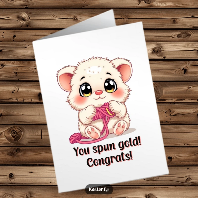 Funny Free Printable Congratulations Card: A fluffy creature with curious eyes weaving vibrant yarn, celebrating a milestone.