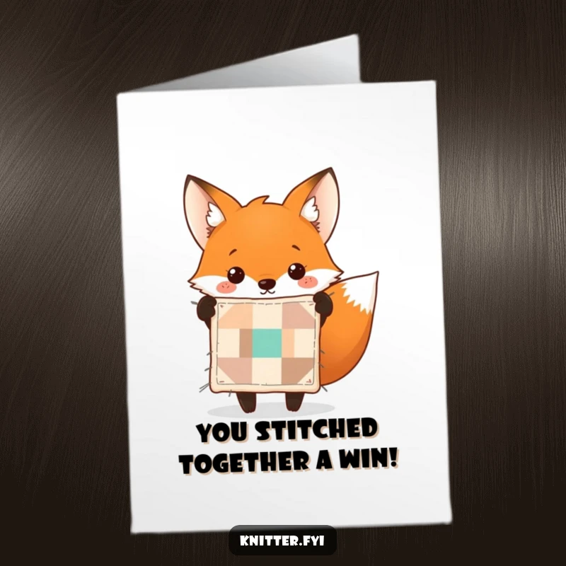 Funny Free Printable Congrats Card: A cheerful fox beaming while holding a beautifully stitched tiny quilt for congratulations.