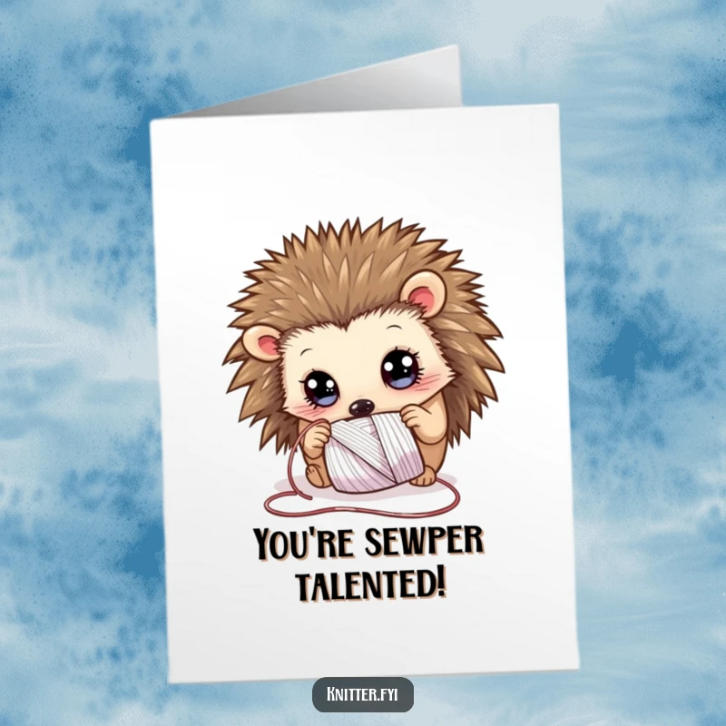 Funny Free Printable Congrats Card: Curious hedgehog examining shimmering thread, great for a DIY gift.
