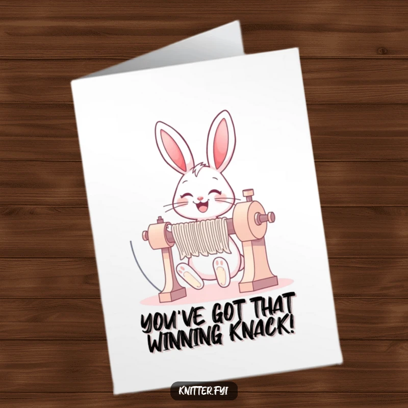 Funny Free Printable Congratulations Card: A grinning bunny operates a large knitting machine with pure joy and elation.
