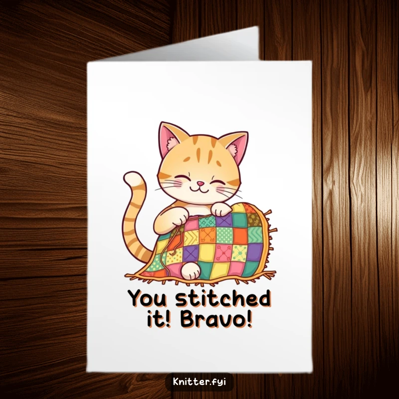 Funny Free Printable Congratulations Card: A focused cat crafts a vibrant quilt, perfect for celebrating achievements.