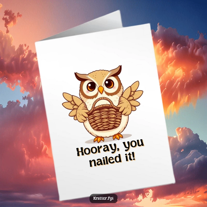 Funny Free Printable Congrats Card: A wise owl proudly shows off a beautifully woven basket to celebrate success.