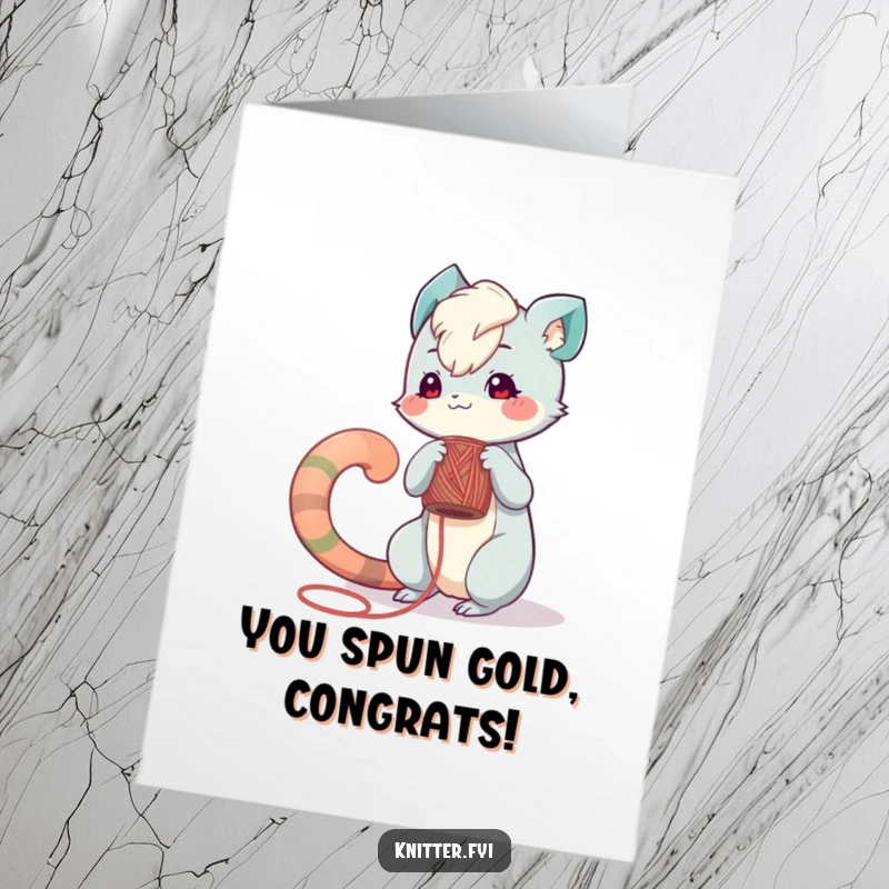 Free Printable Congratulations Card: Playful creature with a long tail meticulously winds yarn onto a spool, celebrating achievement.