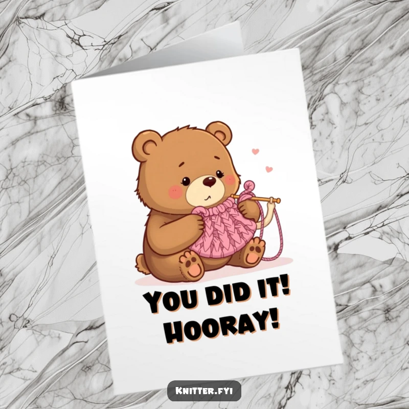 Funny Free Printable Congratulations Card: Bear triumphantly holding a tiny knitted tea cozy, a hilarious DIY gift.