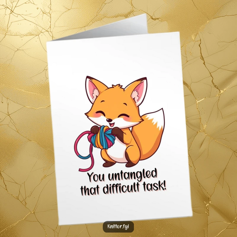Funny Free Printable Fox Congratulations Card: A mischievous fox is playfully tangled in a huge knot of colorful yarn.