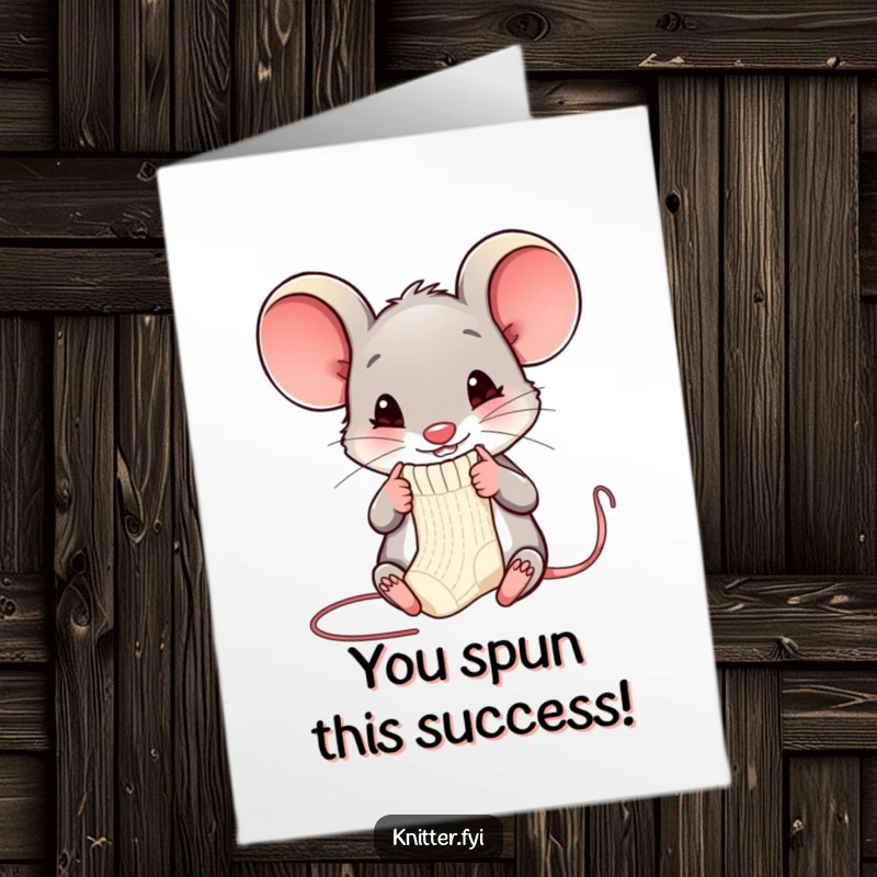 Funny Free Printable Mouse Congratulations Card: A happy mouse character is shown knitting a tiny sock with small needles, symbolizing a warm and successful endeavor.
