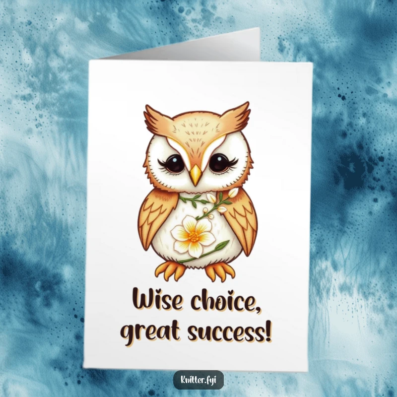 Funny Free Printable Congratulations Card: Owl meticulously embroidering a delicate flower, celebrating success.