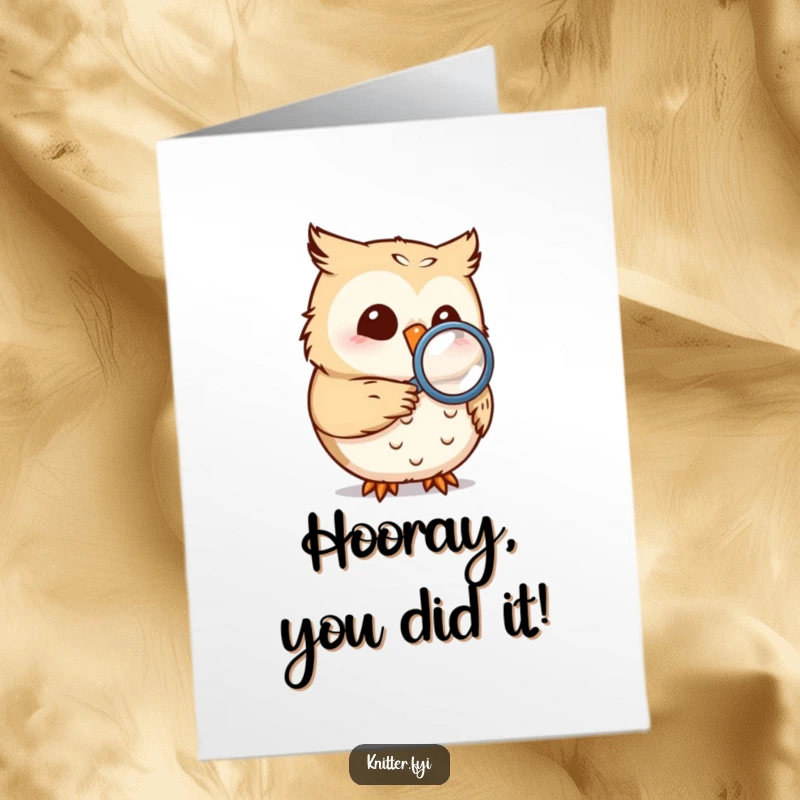 Funny Free Printable Owl Congratulations Card: An owl with a magnifying glass inspects a sewn seam, symbolizing careful observation of success.