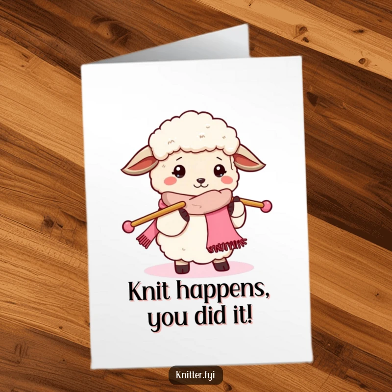 Funny Free Printable Congratulations Card of a fluffy sheep enthusiastically knitting a scarf with oversized needles.