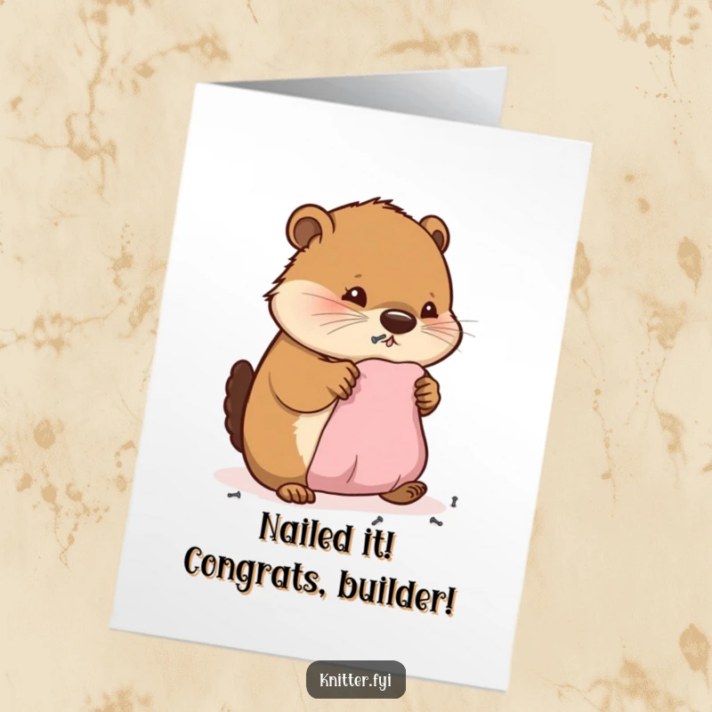 Funny Free Printable Beaver Congratulations Card: Happy beaver hammering nails, symbolizing the construction of success and achievements.