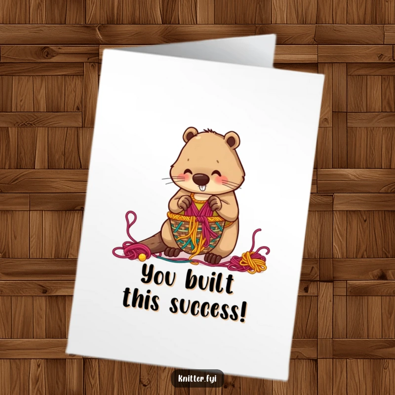 Free printable congratulations card, a beaver proudly displaying a woven basket, humorous DIY success card.