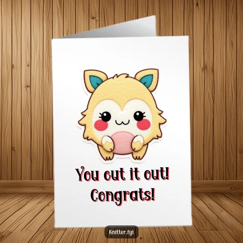 Funny Free Printable Congratulations Card: Happy rosy-cheeked creature gleefully cutting felt, a unique DIY card.