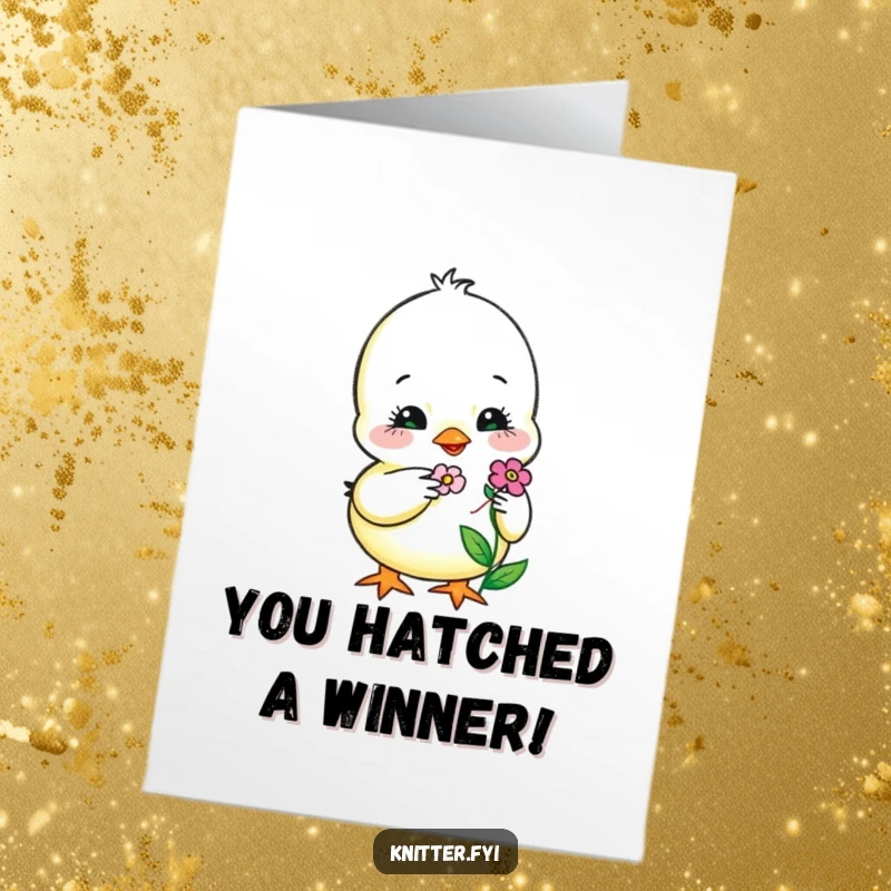 Funny Free Printable Congrats Card: Sweet chick embroidering a smiling flower, great for a DIY gift.