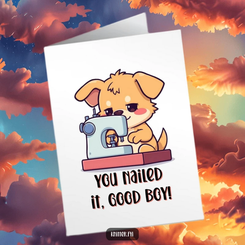 Funny Free Printable Congratulations Card: A determined dog character intensely using a sewing machine with great focus, celebrating a win.