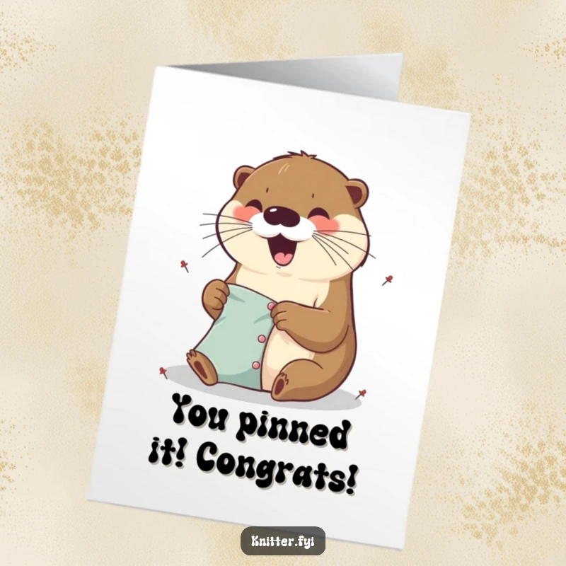 Funny Free Printable Congratulations Card showing an excited otter diligently pinning fabric pieces together with tiny pins, symbolizing careful preparation and success.