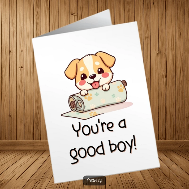 Funny Free Printable Congrats Card: Happy dog unrolling patterned fabric, perfect for a DIY gift.