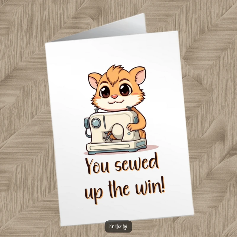 Funny Free Printable Congratulations Card: A determined creature smiling while sewing, celebrating a successfully completed project.