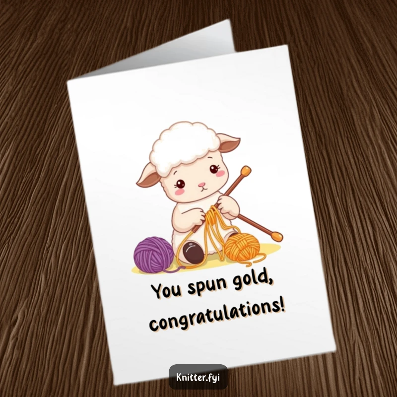 Funny Free Printable Congratulations Card: A busy, cute sheep character concentrating on threading colorful yarn onto a large needle, celebrating success.