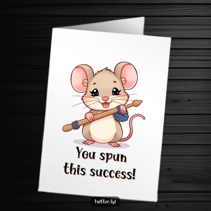 Funny free printable congratulations card of a small mouse holding oversized knitting needles with a determined grin.