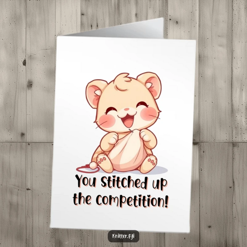 Funny Free Printable Congrats Card: Delighted creature skillfully sewing fabric, celebrating a successful project.
