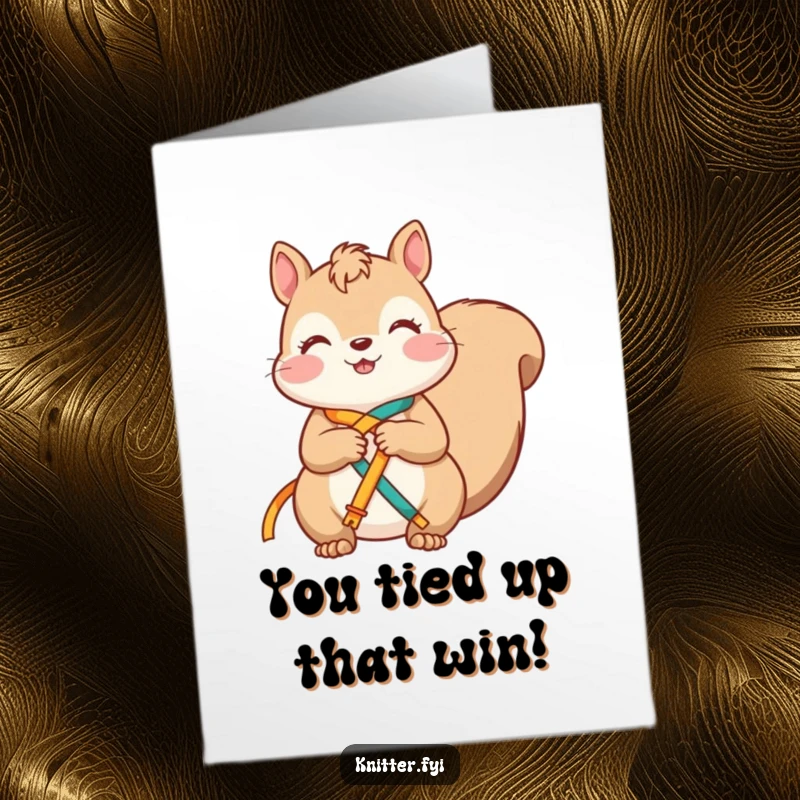 Free printable congratulations card, a squirrel tying ribbons, symbolizing success, humorous DIY gift.