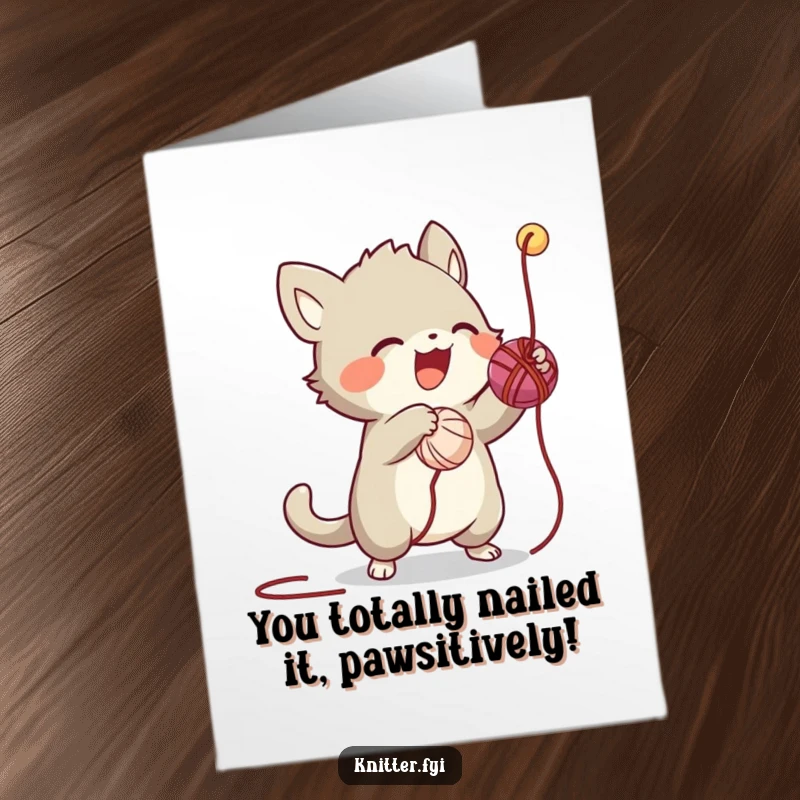 Funny Free Printable Congrats Card: Creature playfully tangled in a ball of yarn, celebrating success.