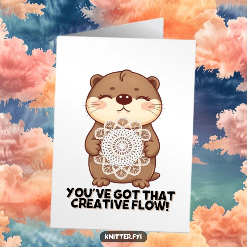 Funny Free Printable Congratulations Card: An otter proudly displays a perfectly crocheted doily, beaming with accomplishment.