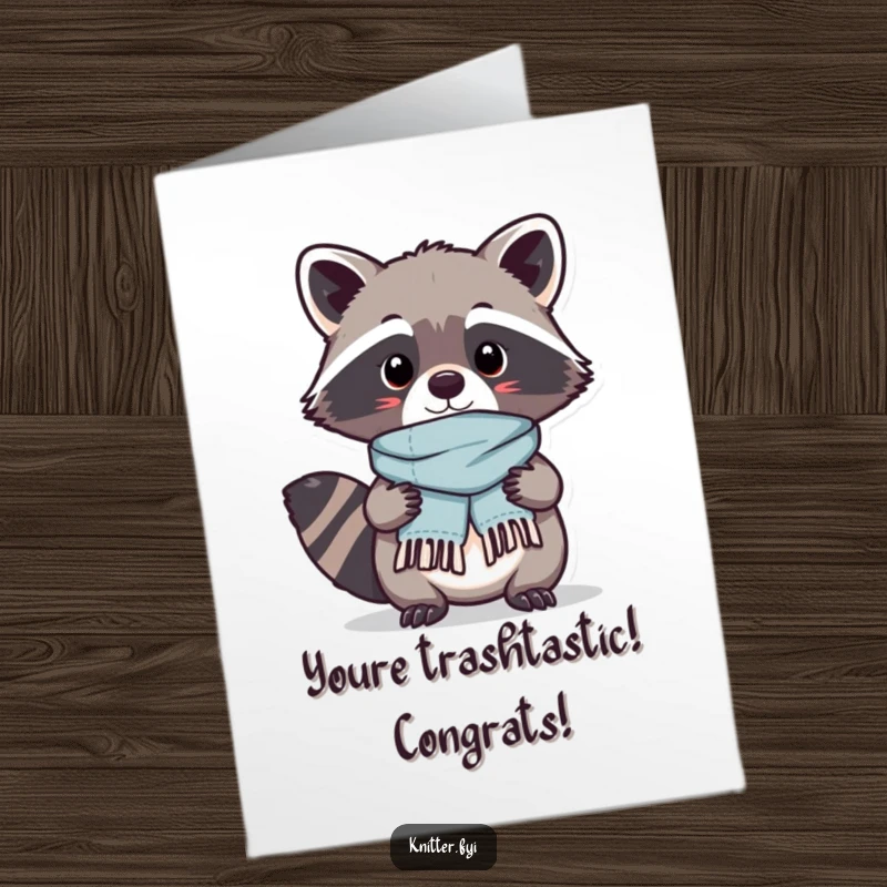 Funny Free Printable Congrats Card with a proud Kawaii raccoon showing off a tiny scarf, a skillful downloadable greeting.