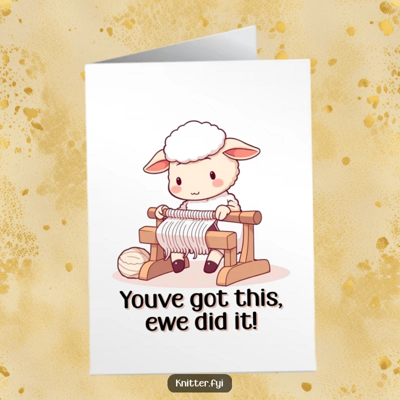 Funny Free Printable Congratulations Card: A cute sheep focused on operating a large knitting loom, celebrating achievement.