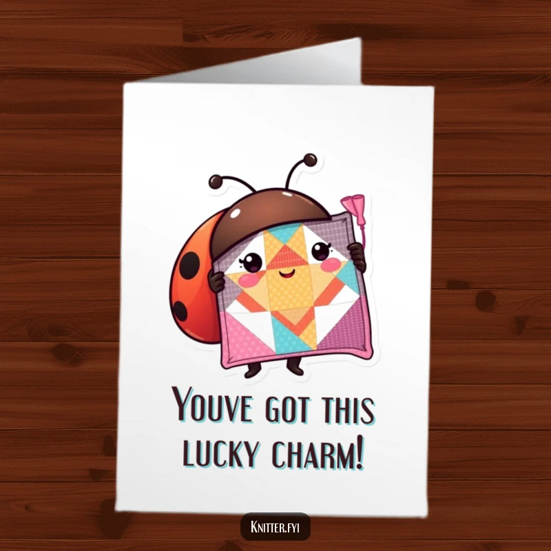 Free printable congratulations card, a proud ladybug displaying a stitched quilt square, humorous DIY success card.