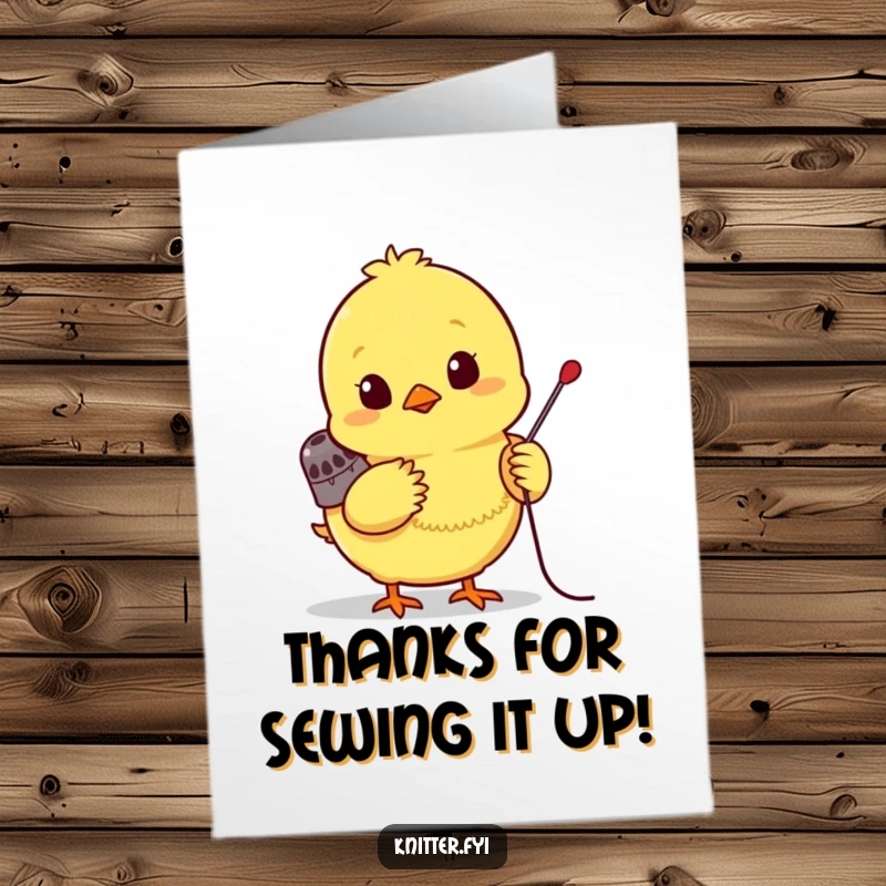 Funny free printable thank you card featuring a bright yellow chick wearing a tiny thimble, eagerly pushing a needle.