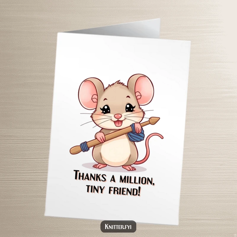 Funny free printable thank you card featuring a small mouse holding oversized knitting needles with a determined grin.