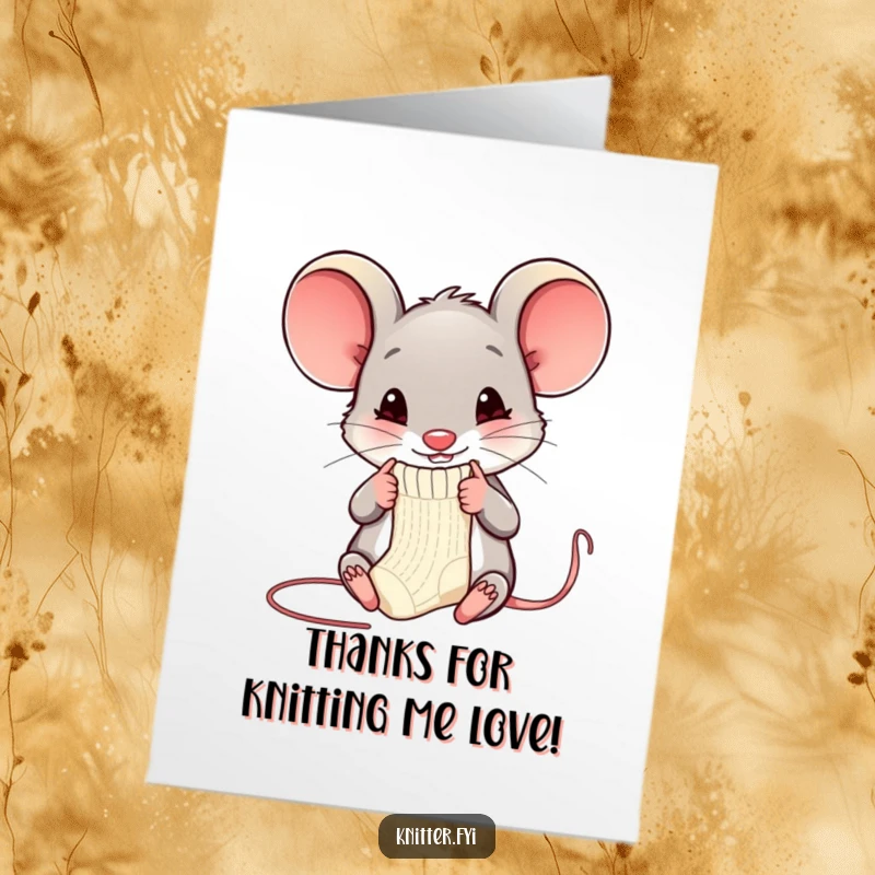 Funny Free Printable Mouse Thank You Card: A happy mouse is busy knitting a miniature sock with tiny needles, signifying warm gratitude.