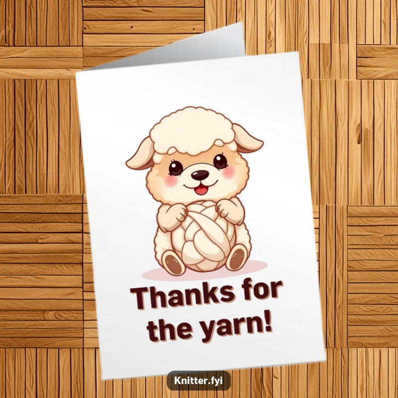 Funny free printable thank you card featuring a fluffy sheepdog happily spinning a ball of wool with its paws.
